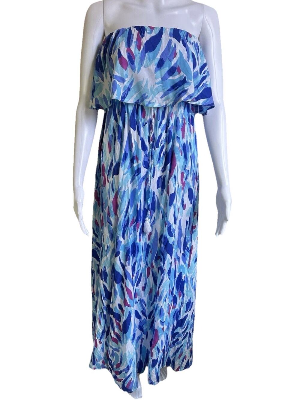Japna Strapless Ruffle Maxi Dress Womens Small Blue Boho Resort Vacation NWT NEW